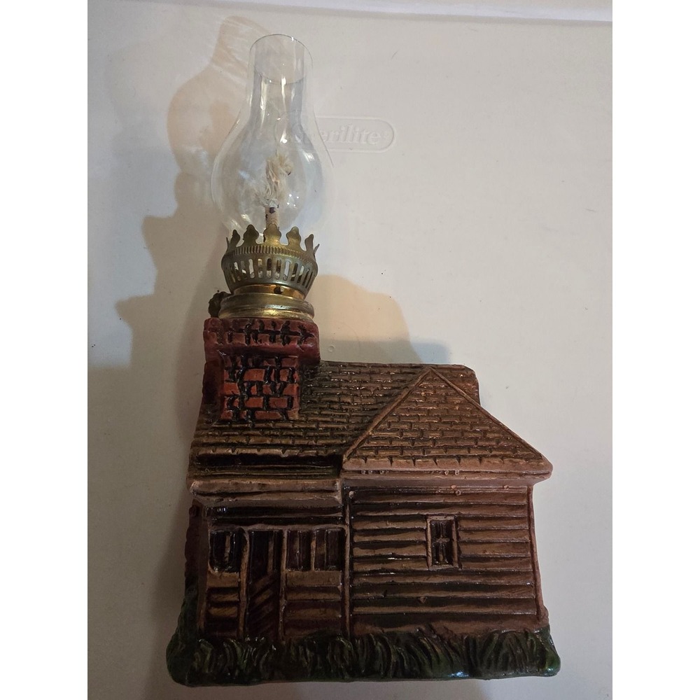 Vintage Log Cabin Miniature Oil Lamp Resin House Base with Glass Chimney